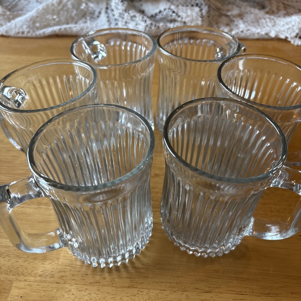 VTG. SET OF 6 ROYAL CREST BY GIBSON CUP RIBBED CLEAR GLASS MUG 4"